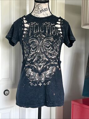 NWT Affliction Black Distressed Graphic Tee with Cutout Shoulder Detail